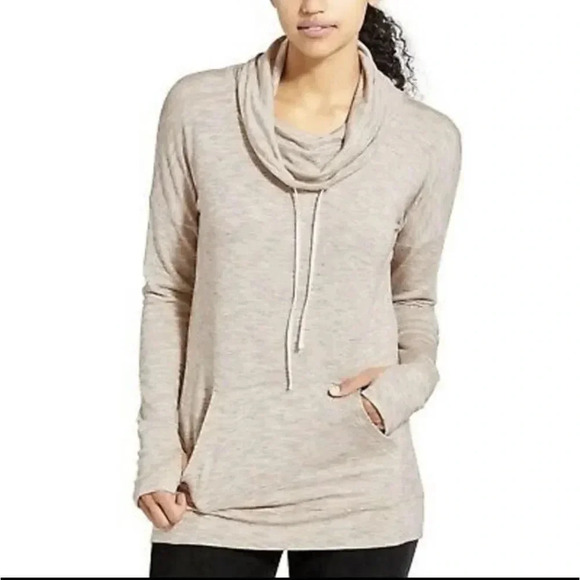 Athleta Cowl Neck Sweatshirt Women's Size Small S Oatmeal Kangaroo Pocket - Picture 2 of 13